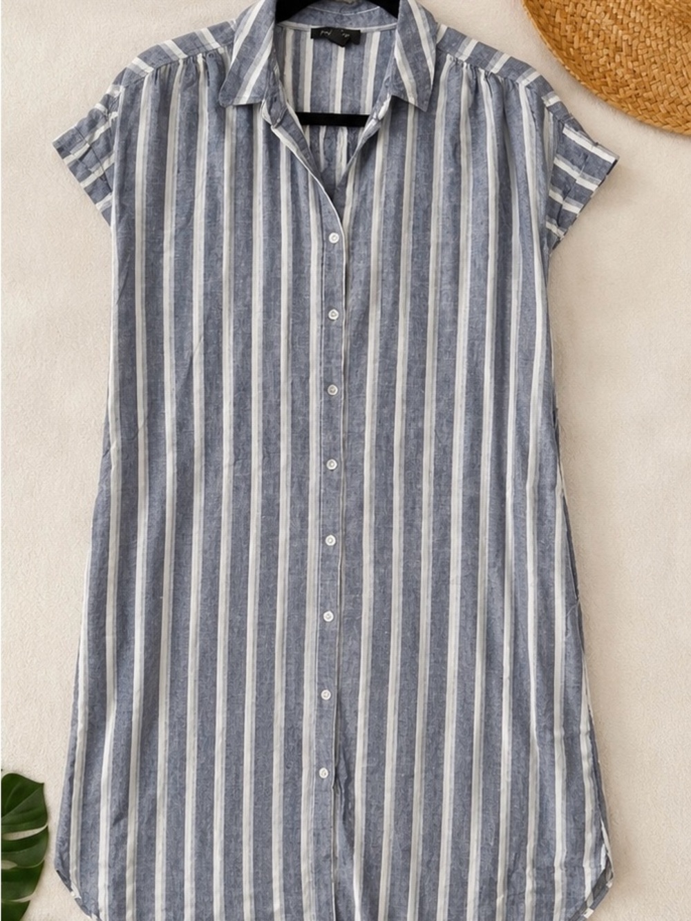 Lord & Taylor Linen Blend Blue & White Striped Shirt Dress | Linen & Viscose | - Picture 2 of 4